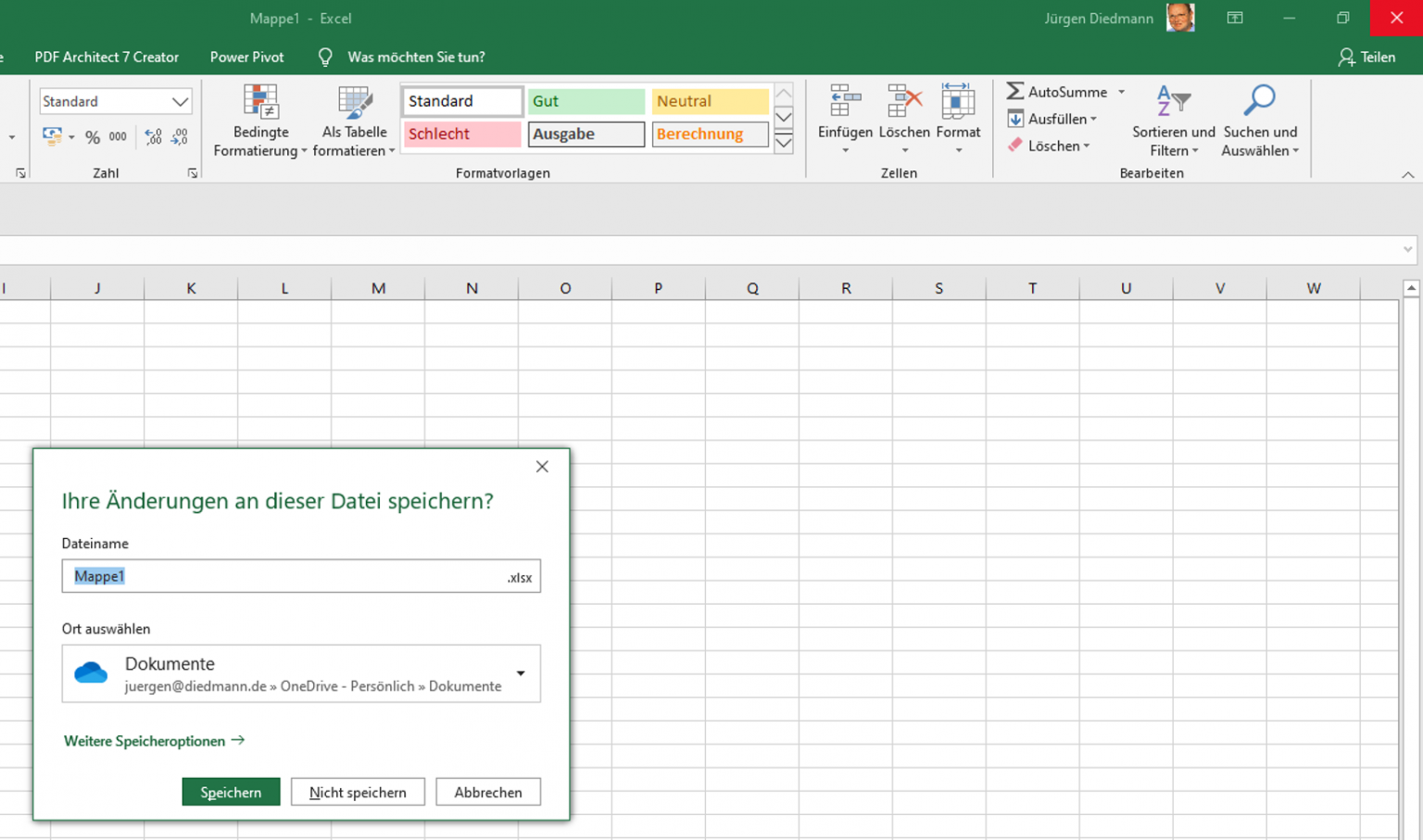 Speicheroptionen excel nervt